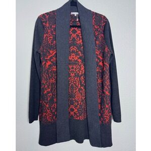 Alberto Makali Womens Red Grey Damask Wool Blend Open Front Cardigan L